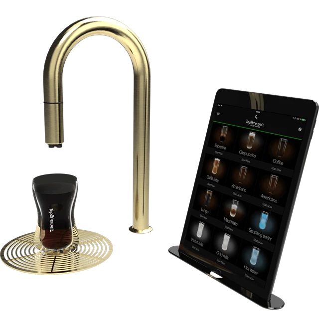 A brass TopBrewer faucet with black coffee from Amokka®