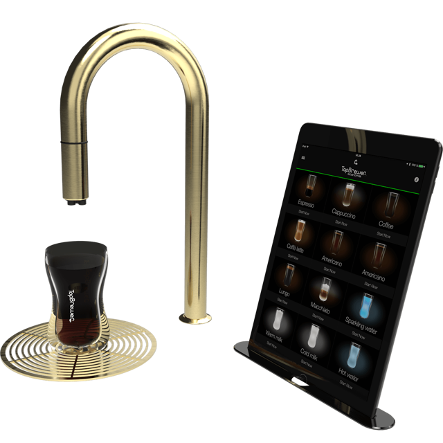 A brass TopBrewer faucet with black coffee from Amokka®