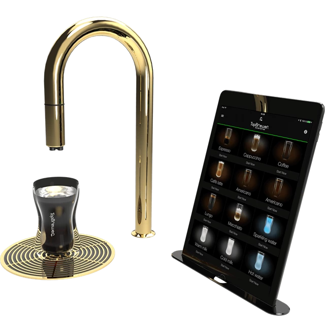 A gold TopBrewer faucet with Cappucino from Amokka®