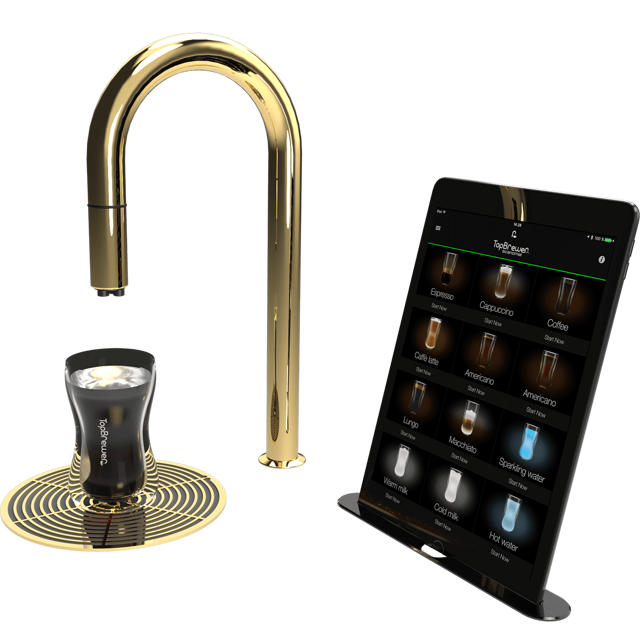 A gold TopBrewer faucet with Cappucino from Amokka®